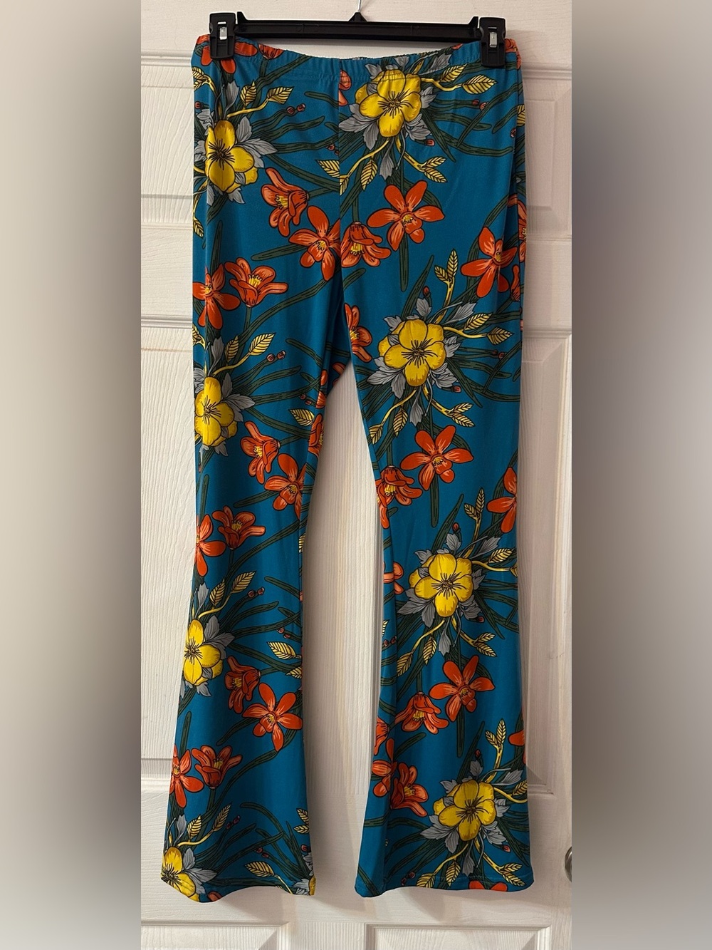 Questions Y2K Bell Bottom Pants Womens 1X Teal Floral Stretch Pull On Boho